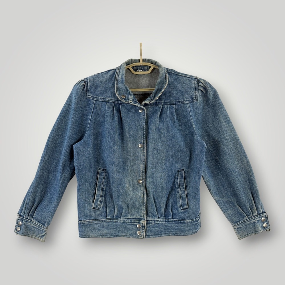Vintage Denim Jacket Pleated Puff Sleeve Blue Jean Large Made in Hong Kong